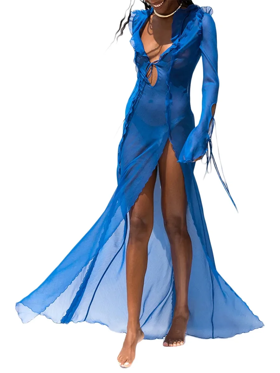 See-through Ruffles Mesh V Neck Tie-Up swimsuit cover up Summer Sexy Long Sleeve High Split Hem Bikini Cover-Ups