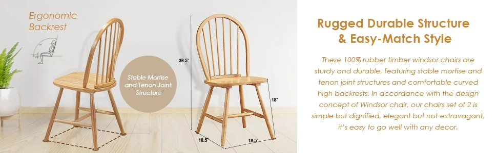 Description Picture 3 of itemSet of 2 Windsor Chairs, Wood Dining Chairs, French Country Armless Spindle Back Dining Chairs