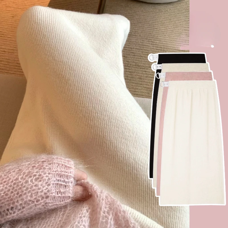 Autumn Winter Pregnant Woman Belly Skirt Ankle-length Solid Color Maternity Long Step Skirts Adjustable Waist Knitted Skirt