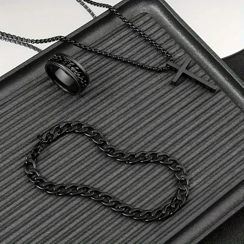 Punk Cross Pendant Necklace Bracelet Chain Ring Men's Jewelry Set jewelry sets jewelry set Simple Personality Hip Hop Party Three Piece Jewelry Accessories