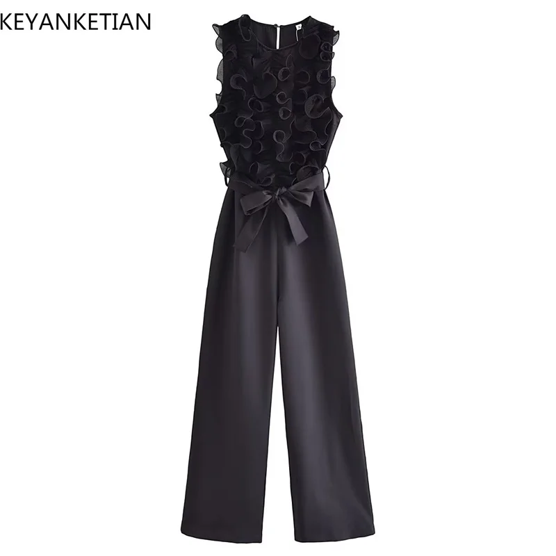 

KEYANKETIAN Summer New Laminated Decorative Jumpsuit Women With A Belt Slim Stylish Sleeveless Straight Leg Pants And Trousers