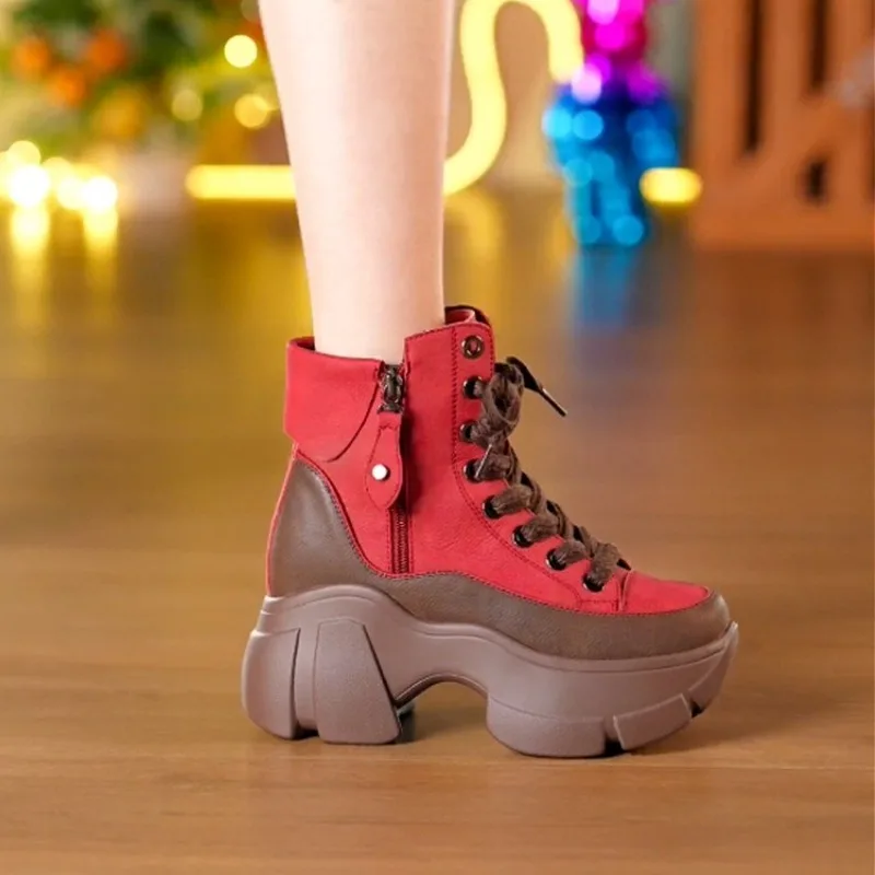 Trendy Contrasting Color Boots Women 2023 New Chunky Heel Platform Winter Women's Boots Autumn High-top Lace-up Sport Short Boot