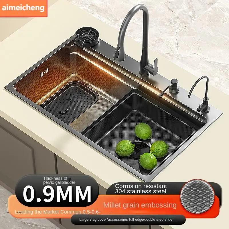 304 อ่างล้างจานสแตนเลสสีดําขนาดใหญ่ SINGLE SLOT อ่างล้างหน้า NANO ล้างจาน Undermount SINK ระบายน้ําด้านซ้าย 1