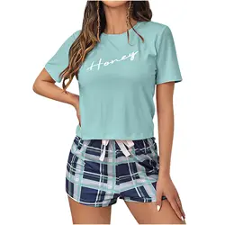 Women's Plaid Shorts & Pullover Pajama Set - S (Baby blue)