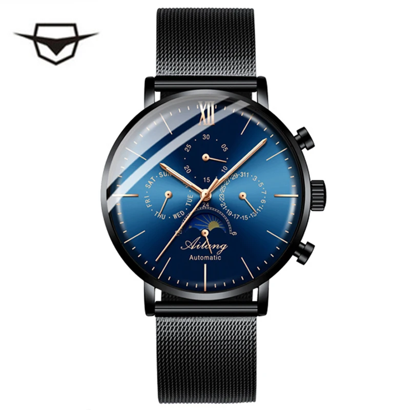 AILANG Black Steel Mesh Belt Men Automatic Mechanical Watch Top Brand Luxury Military Sport Male Moon Phase Clock Relogio