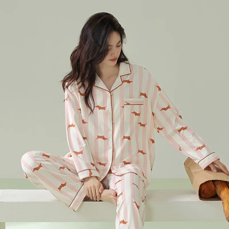 Spring 2026 Cotton Pajamas For Women Men Lovers Dachshund Sausage Teckel Two Pieces Long Sleeve Tops Full Length Pants 54903