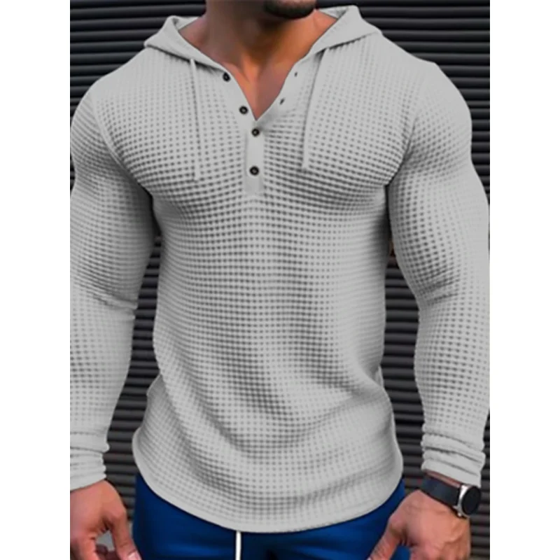 

2024 Man Solid Color Slim Fit Long Sleeve Thin hoodie Men's Henley Neck Breathable Sports Shirt Waffle Cotton Casual Long Sleeve