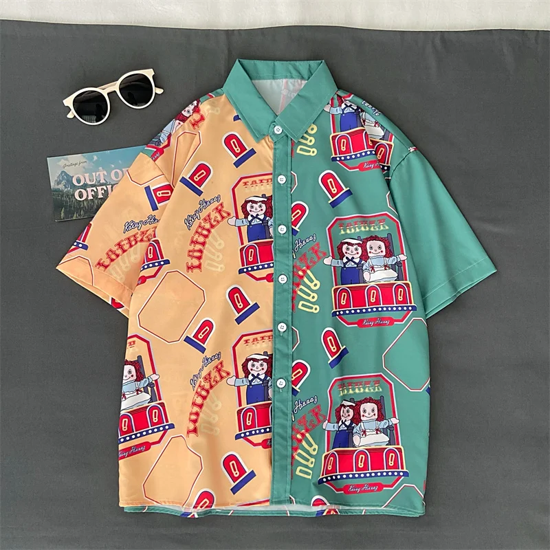 

EBAIHUI Women Summer Shirts Contrast Color Loose Short Sleeve Blouse Cartoon Printed Vintage Oversized Blusas