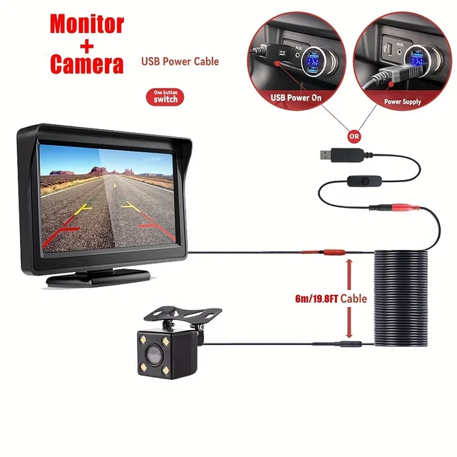 Moniteur de voiture avec caméra de recul pour stationnement de véhicule, caméra de recul avec écran LCD, USB, installation facile, 4.3 pouces 1