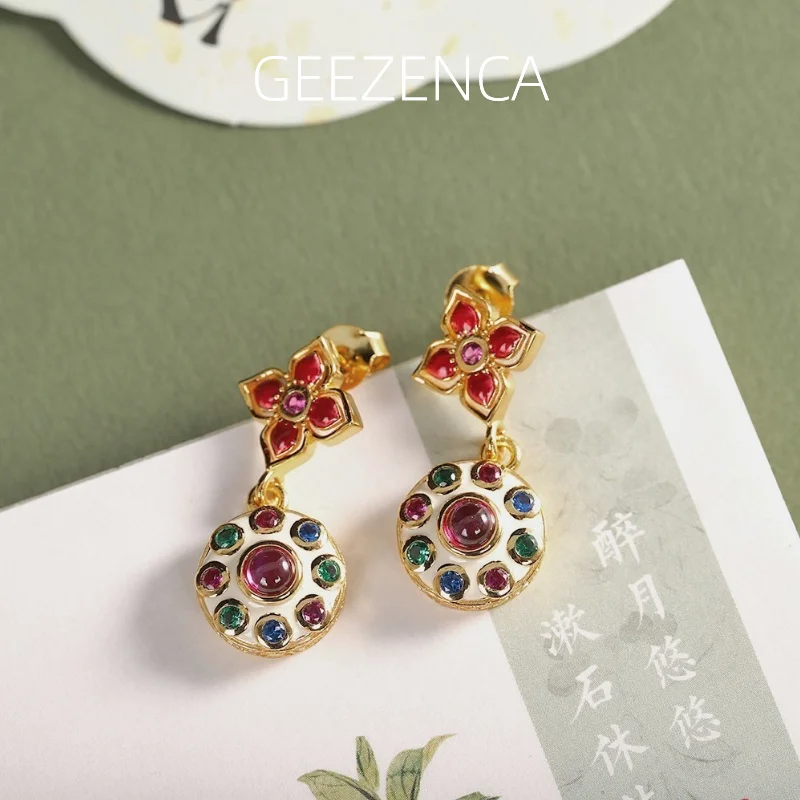 

GEEZENCA S925 Silver Cloisonne Red Corundum Dangle Earrings For Women Colorful Enamel 18K Gold Luxury Chic Earring 2023 New Gift