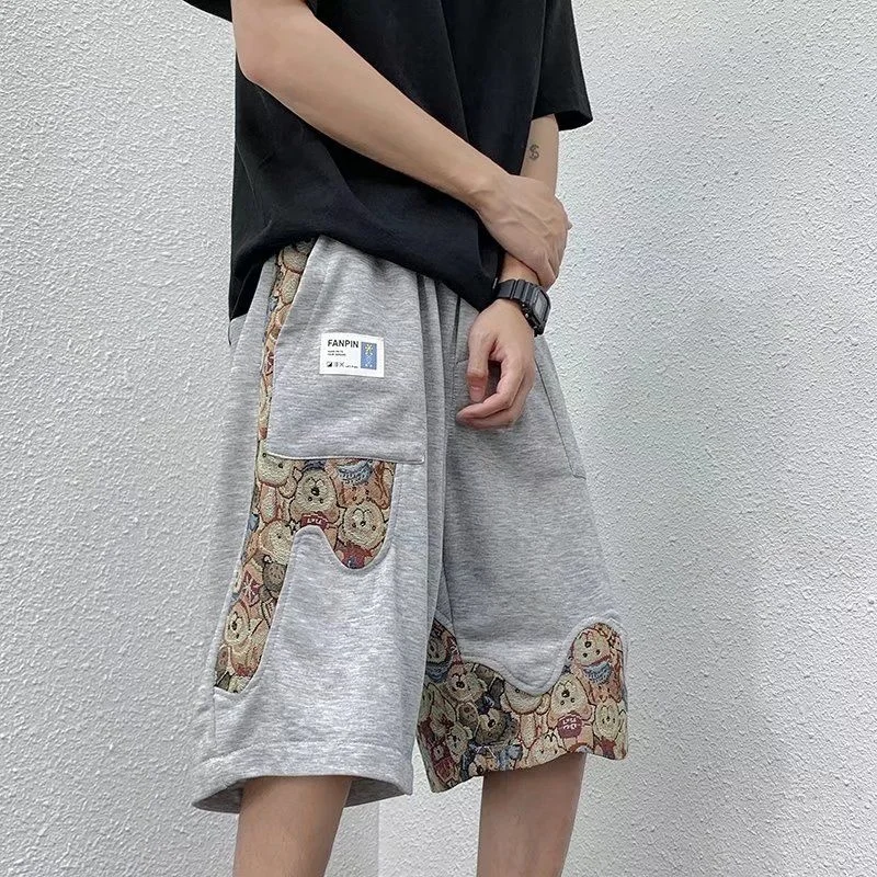 

Bear Stitching Casual Pants Trendy Fashion Five-point Sports Sweatpants Mens Summer Thin Loose Wide-leg Straight Shorts Oversize