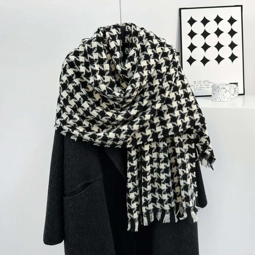 Houndstooth Scarf Women Elegant Vintage Kerchief Winter Faux Cashmere Shawl Stole for Lady Gift 195*65cm