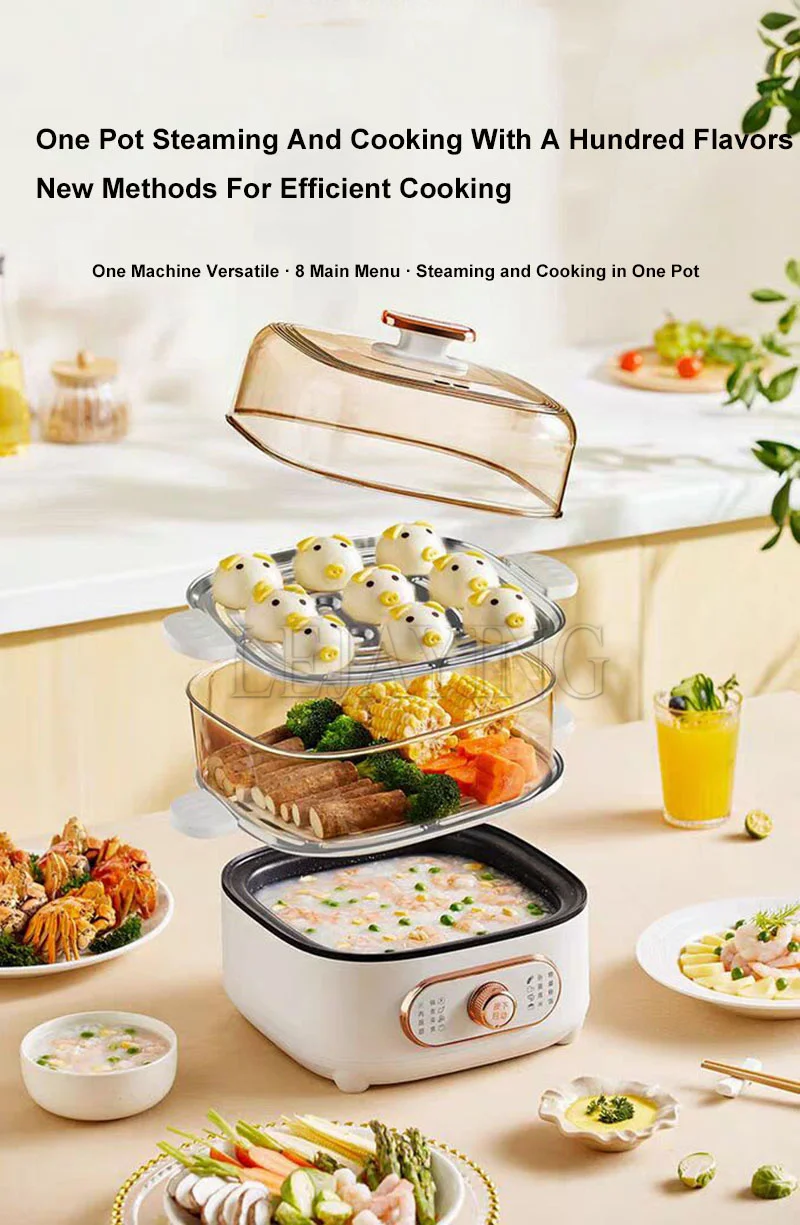 Description Picture 3 of itemSteamer Electric Steam Pot Cooking Steaming Home 2-Layer Transparent Food Dumplings Household Pan Warmer Multicooker 110V 220V