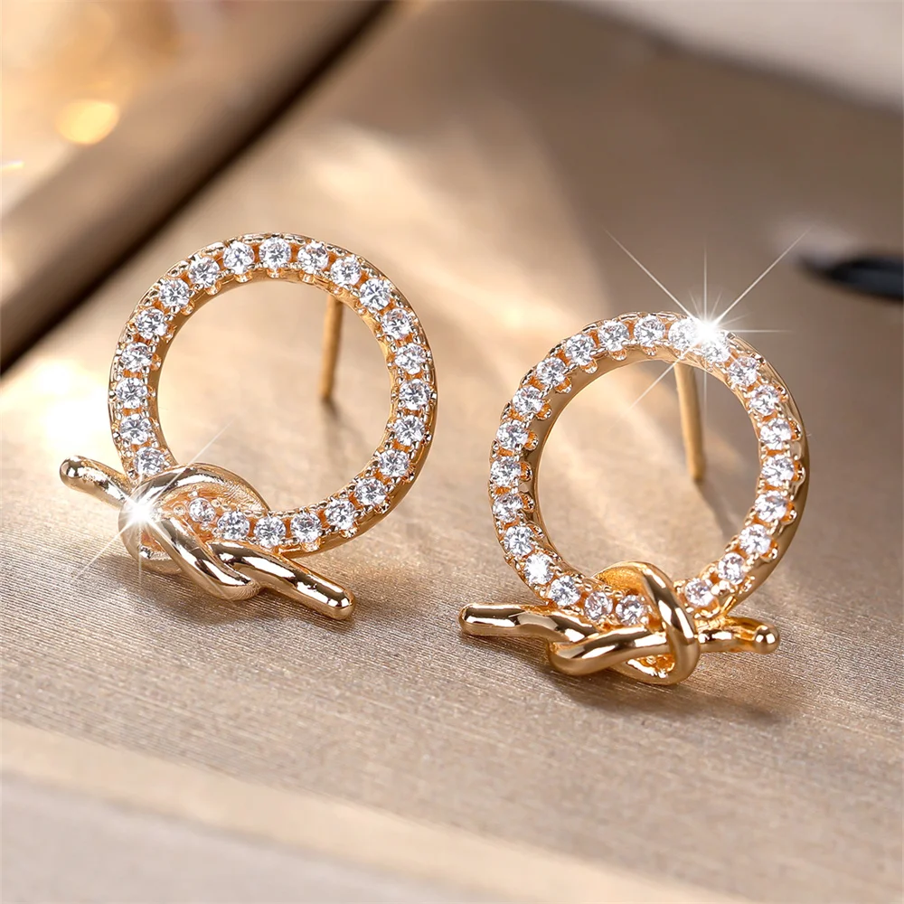 White Zircon Round Stone Earring Geometric Twist Metal Small Stud Earrings For Women Vintage Gold Color Versatile Jewelry Gifts