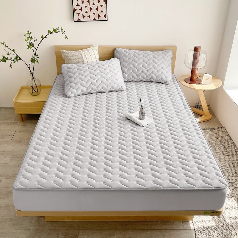 2025 New Solid Color Waterproof Bed Hat Wavy Cotton Anti-bacterial Mattress Cover Protector Skin-friendly Bed Cover with Elastic 2