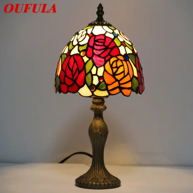 OUFULA Tiffany Glass Table Lamp LED European Vintage Creative Rose Desk Light For Home Living Room Study Bedside Decor