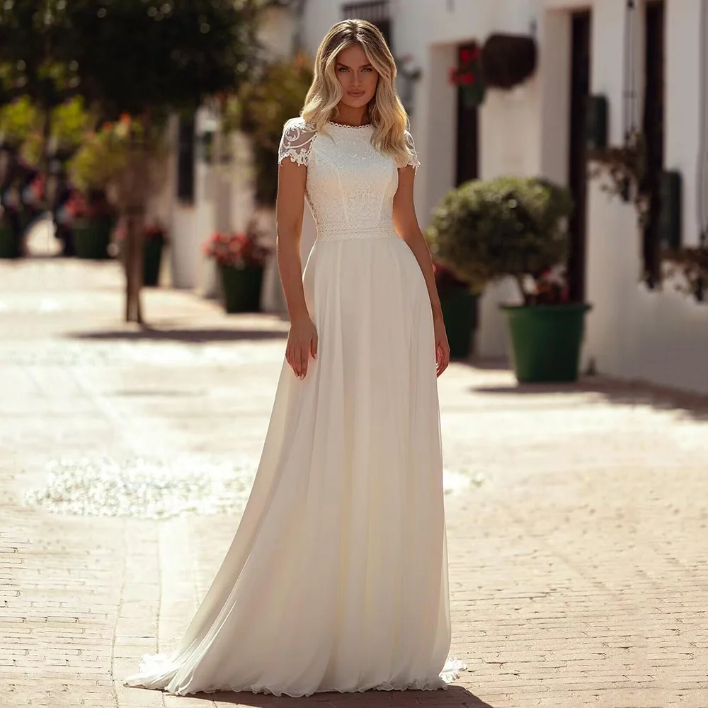 

Vintage Boho Wedding Dresses Cap Sleeve Lace Bride Dress 2024 Chiffon A Line Beach Wedding Gowns Custom Made Casamento
