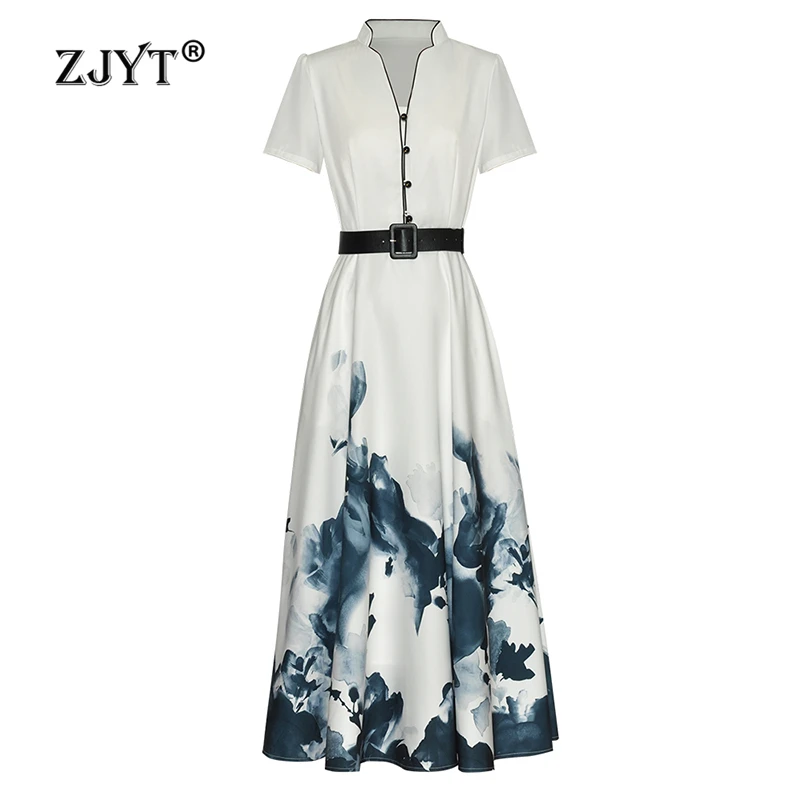 

ZJYT Runway Fashion Long White Print Dresses for Women 2024 Summer Short Sleeve Stand Neck Vintage Dress Party Elegant Vestidos