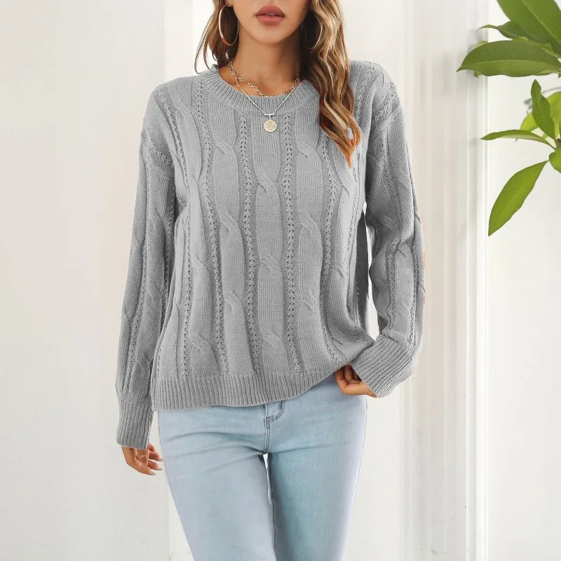 

Autumn and Winter Women's Pullover Round Neck Solid Screw Thread Hollow Out Long Sleeve Sweater Knitted Underlay Casual Tops