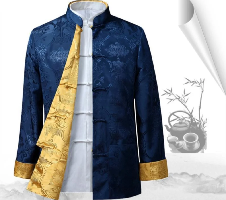 Chinese Traditional Men Double Faced Kung Fu Jacket High Quality Satin Tang Suit Coat Long Sleeve Hanfu Clothing