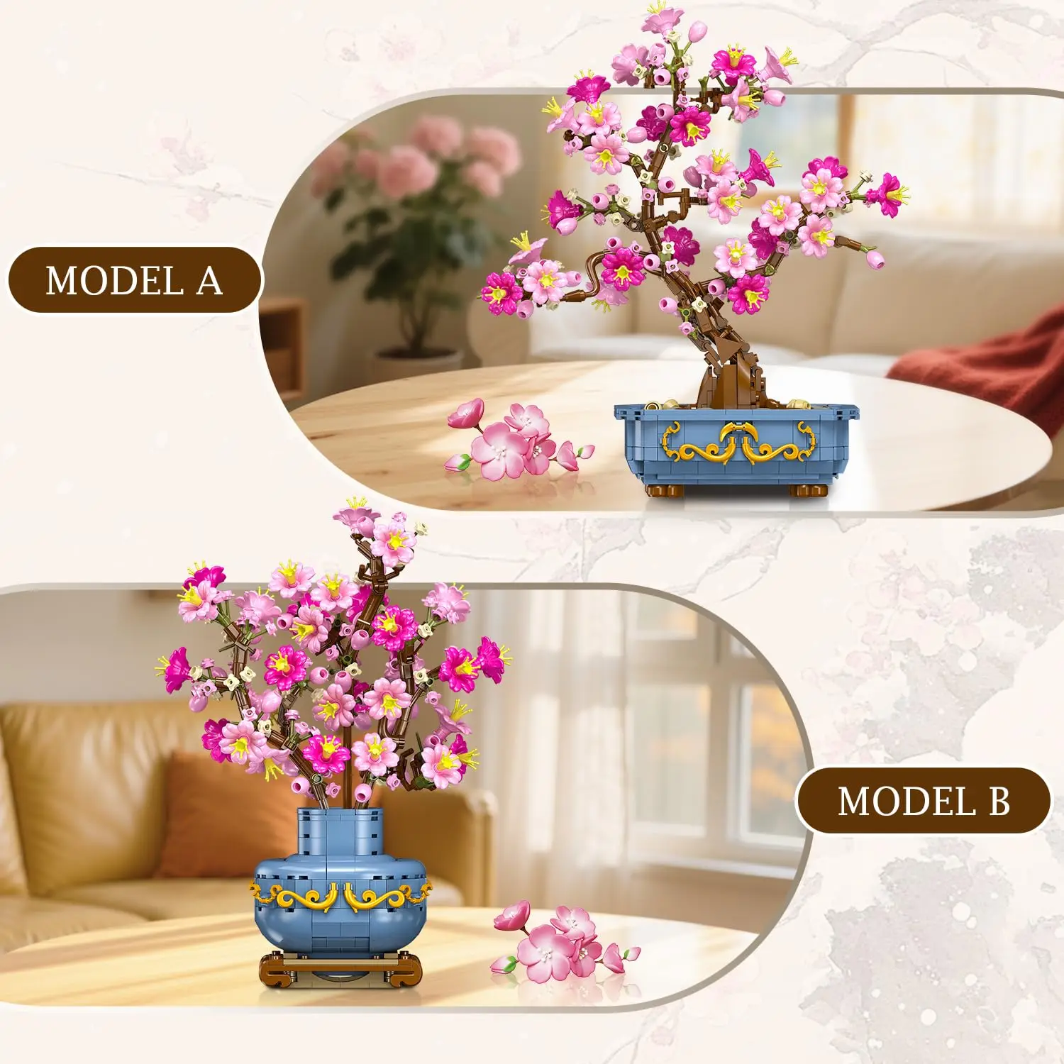 HOGOKIDS Kwiaty Kwiat Wiśni Bonsai Zestaw do Budowania - 2 w 1 Sztuczne Drzewko Bonsai Rośliny do Dekoracji Domu Zabawka Prezent dla Dorosłych Nastolatków