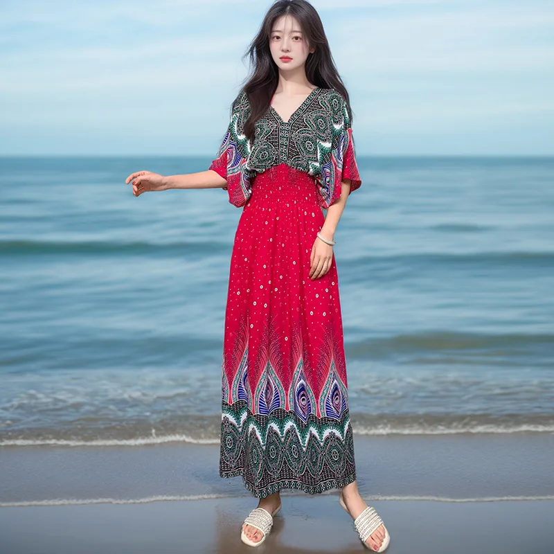 Thai Style Cotton Silk V-Neck Short Sleeve Dress Women Summer Floral Print Countryside Skirt Holiday Outfit Loose Fit Maxi Dress