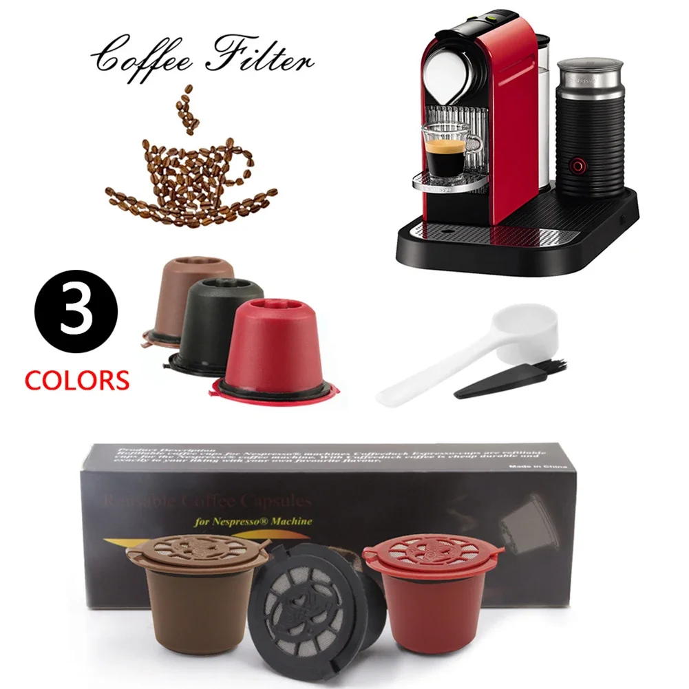 

3Pcs Coffee Capsule Refillable Coffee Capsule Filter Cup Nespresso Machine Capsule Plastic Filter Cups Spoon Brush Coffeeware