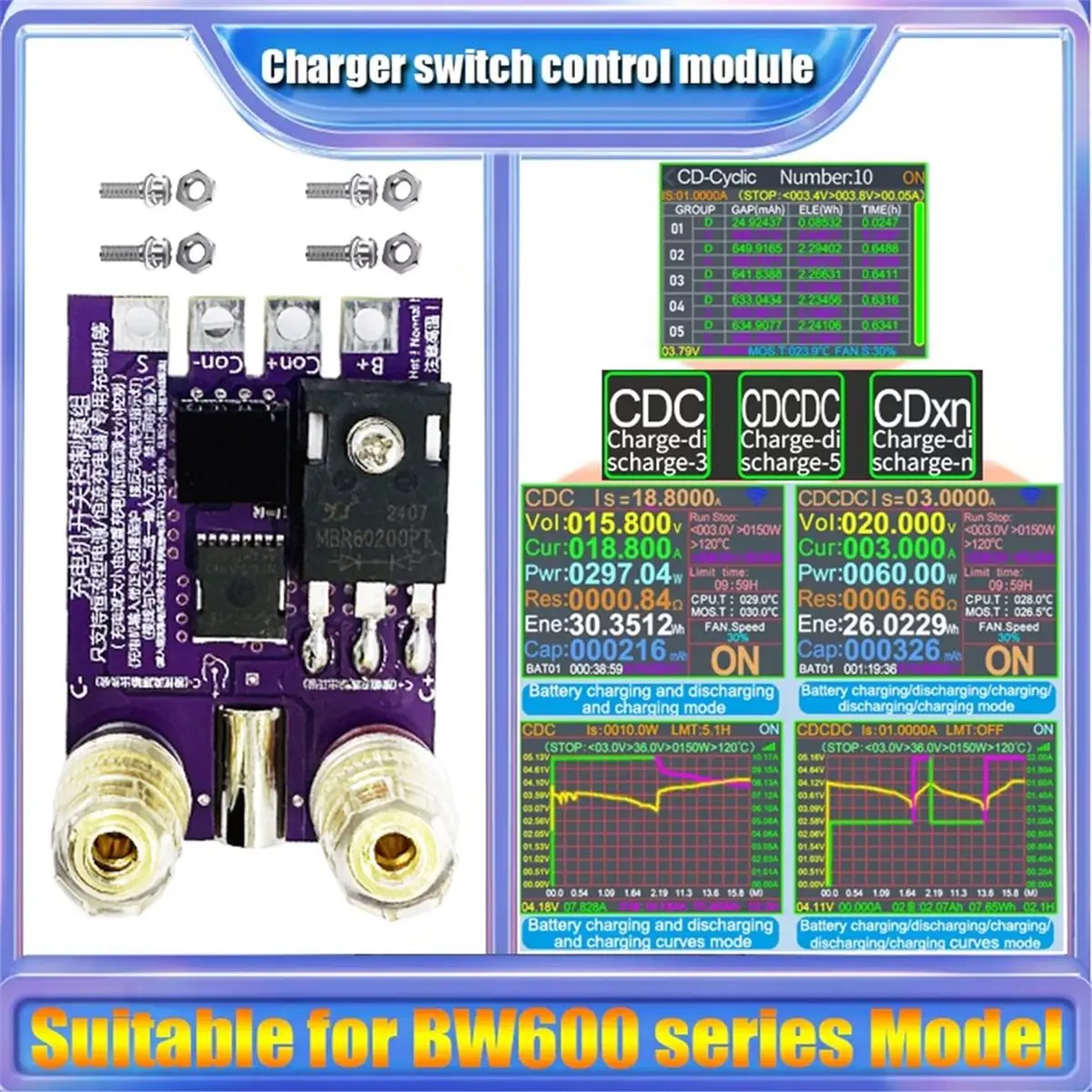 A72Z BW600 전자 부하 측정기 충전 제어 모듈 어댑터 최대 100V 20A DC5.5 인터페이스 및 배선 지원
