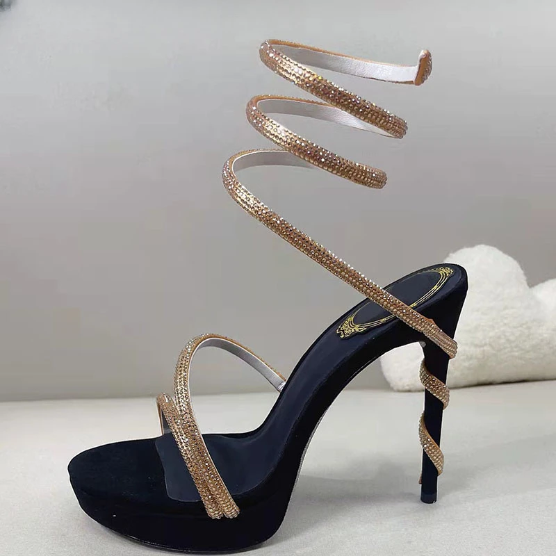 

Summer Platform Sandals Woman Rhinestone Ankle Snake Twine Around Wedding Shoes Women High Heels Gladiator Sandals Women