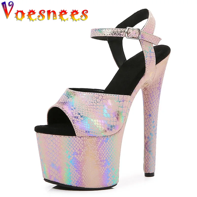 

New Laser Magic Color Women Sandals Fashion High Heels Snake Print Wedding Shoes Waterproof Platform Summer Party Ladies Pumps