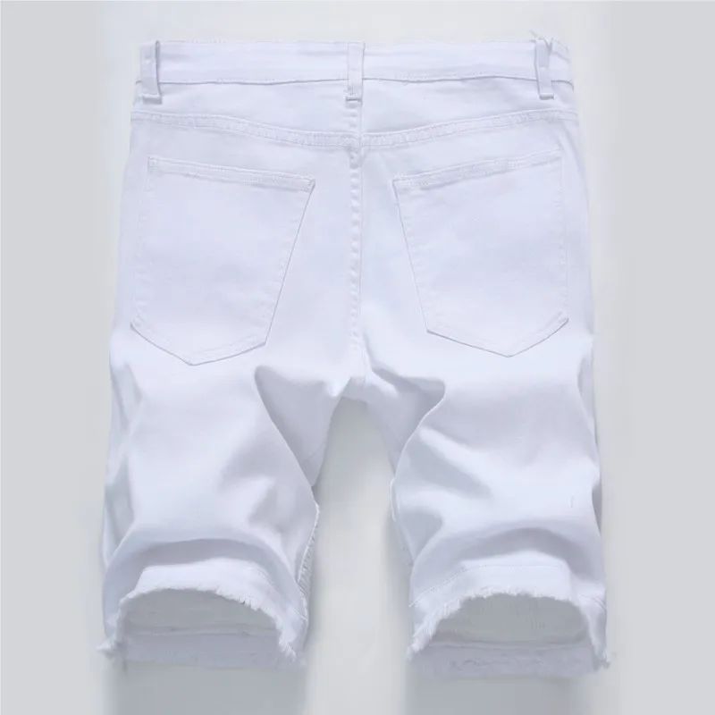 Mens Denim Shorts Zipper Elastic Pleated Slim Ripped Short Jeans