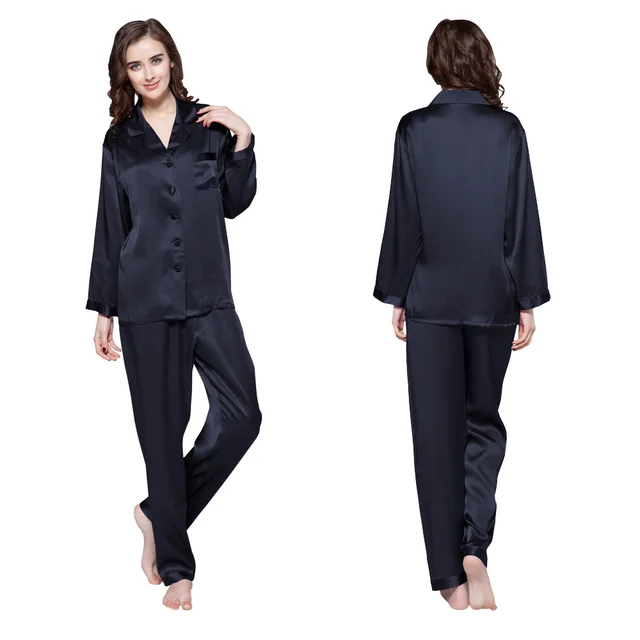 Silk Pajamas Set Women Pure 19 Momme Ladies Sleepwear Luxury Natural Full Length Women's Clothing Free Shipping Navy Blue