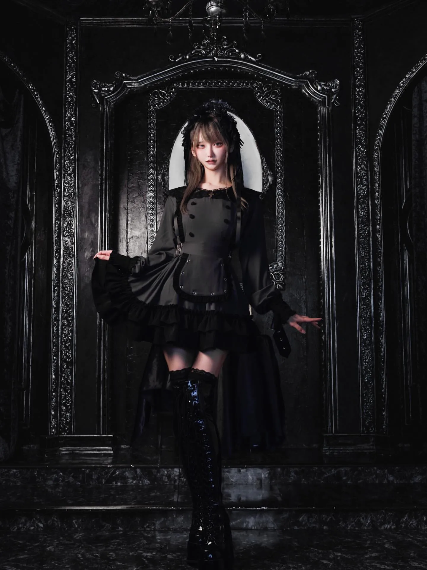 Women's Gothic Navy-Collar Maid Dress Set