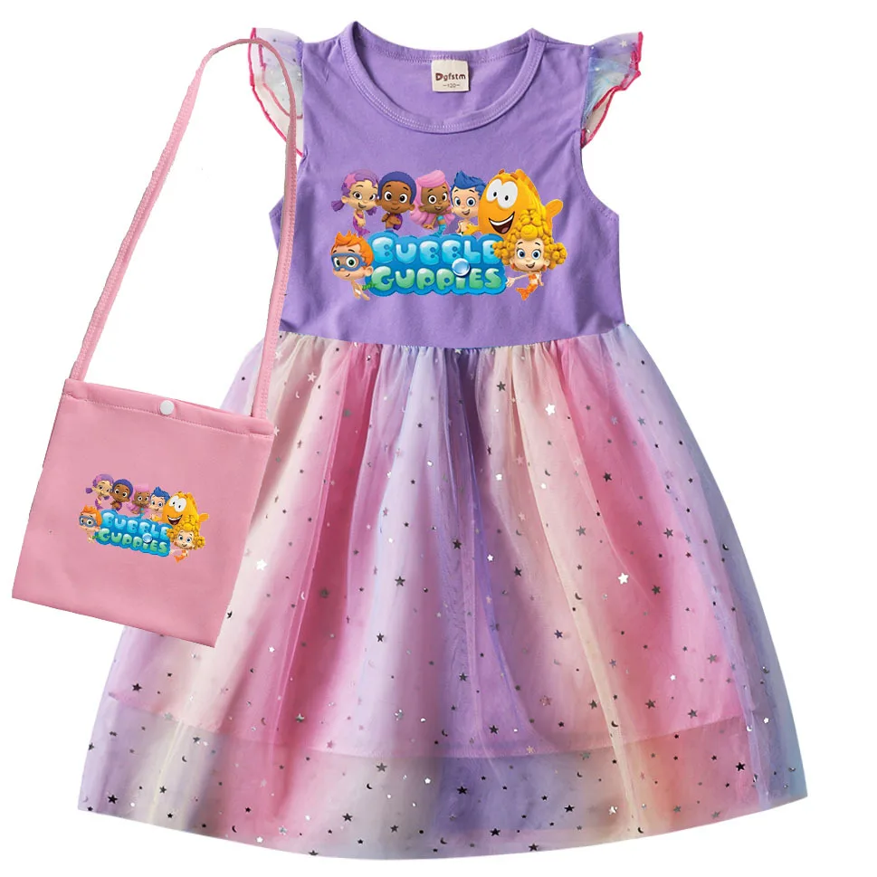 

2023 Summer Bubble Guppies Clothes for Girls Casual Dress Kids Short Sleeves Party Vestidos Toddler Girl Elegant Wedding Dresses