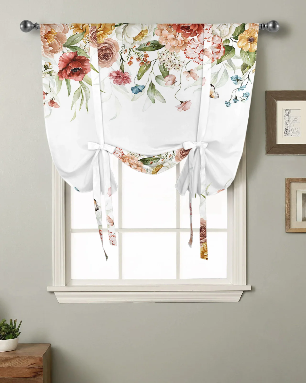 

Spring Flower Rose Kitchen Short Window Curtain Rod Pocket Curtains Home Decor Bedroom Small Window Roman Tie Up Curtains