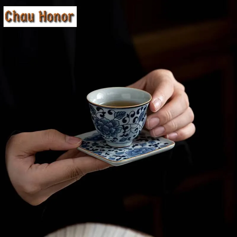 2pc/set Peony Blue and White Porcelain Teacup Entangled Branch Lotus Master Cup Household High-end Cup Coaster Kung Fu Teaware