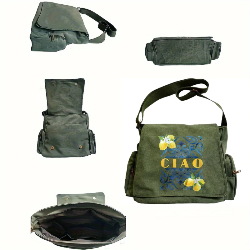 Retro Women's Shoulder Bag Lemon Print Men's Crossbody Bag Large Capacity Messenger Bag Laptop Bag