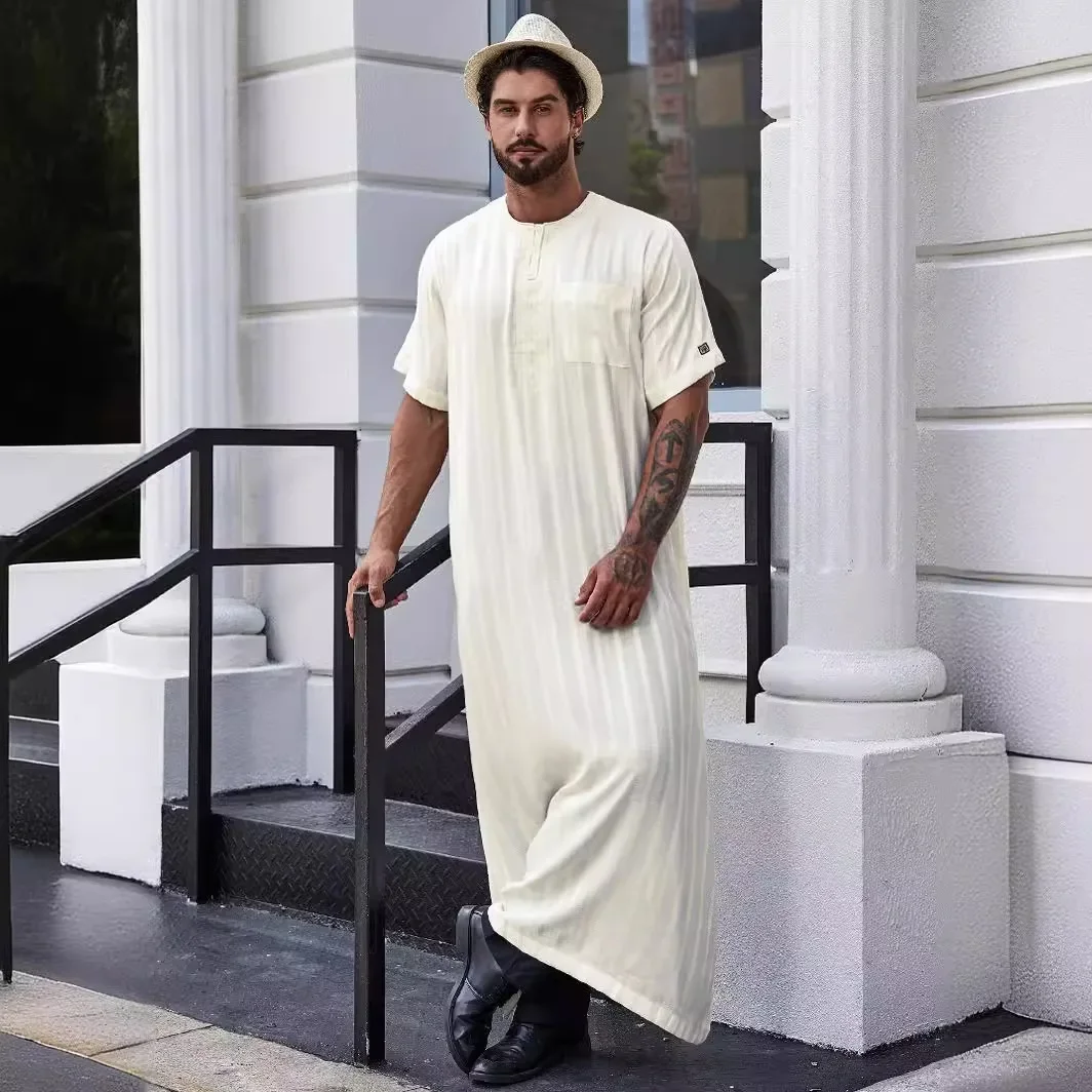 Casual Thobe for Men Muslim Men Clothing Muslim Fashion Men Long Robes Short Sleeve Man Vintage Solid Muslim Kaftan Long Shirts