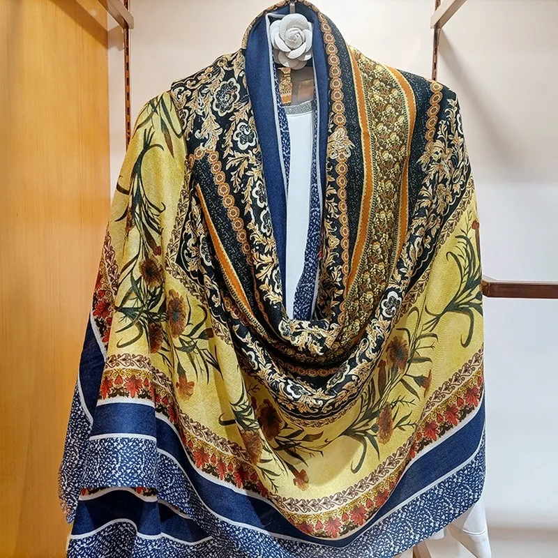 

High-end Elegant Women's Fresh Flower Print Quality 300 Counts Cashmere Fine Beard Hem Soft Warm Versatile Long Scarf Shawl Wrap