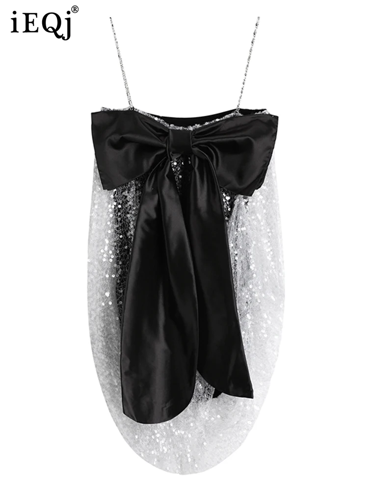 IEQJ Bow Bead Patch Strapless Diamond Chain Suspender Dresses For Women 2022 Summer Sleeveless Off Shoulder Female Dress 3W3402 |