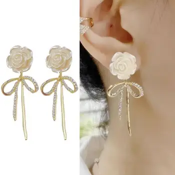925 Silver Needle Korean Fashion Camellia Flower Earrings For Women Jewelry 2025 Trending New Women's Crystal Bow Drop Earrings