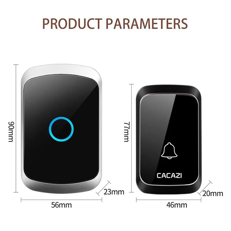 CACAZI Waterproof Wireless Doorbell No Battery 300M Long Distance Outdoor Smart Home Adjustable Welcome Ring and Volume DoorBell