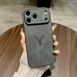 3D Engraved Deer Matte Leather Shockproof Case - Soft Full Camera Protector Cover for iPhone 17 Pro (Gray)