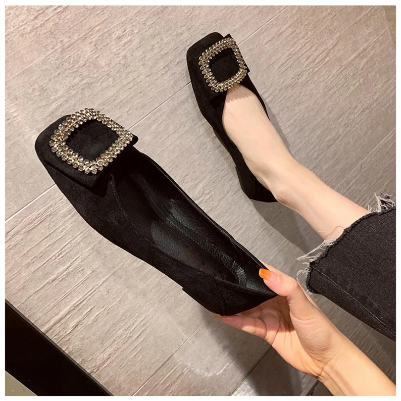 Square toe flat shoes for women spring summer new square buckle diamond shallow cut women shoes boat shoes large size 44 45 46 2