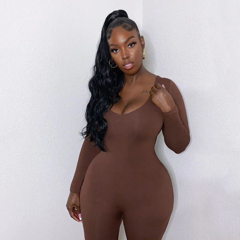 Fashion Bodycon Jumpsuit for Women‘s Clothing Casual Brown Fitness Rompers 2023 New  Y2K Playsuit Activity Streetwear Overalls