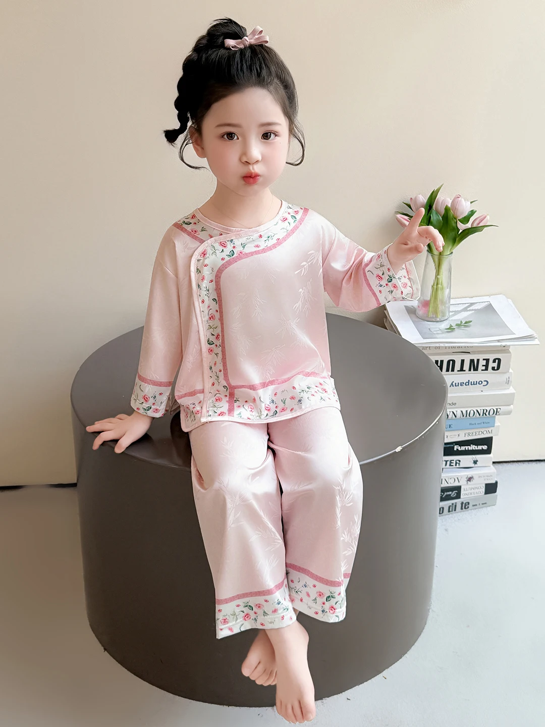 여자 실크 잠옷 얇은 봄 가을 가정 의류 에어컨 정장 어린 소녀 Hanfu 당나라 의상 어린이 가정 정장