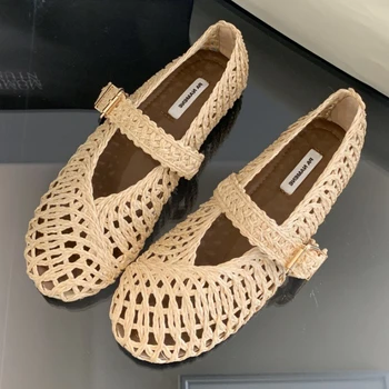 Fashion Hollow Weave Brand Ballet Flats Women Comfortable Round Toe Shallow Buckle Mary Jane Shoes Elegant Outdoor Casual Shoes 1