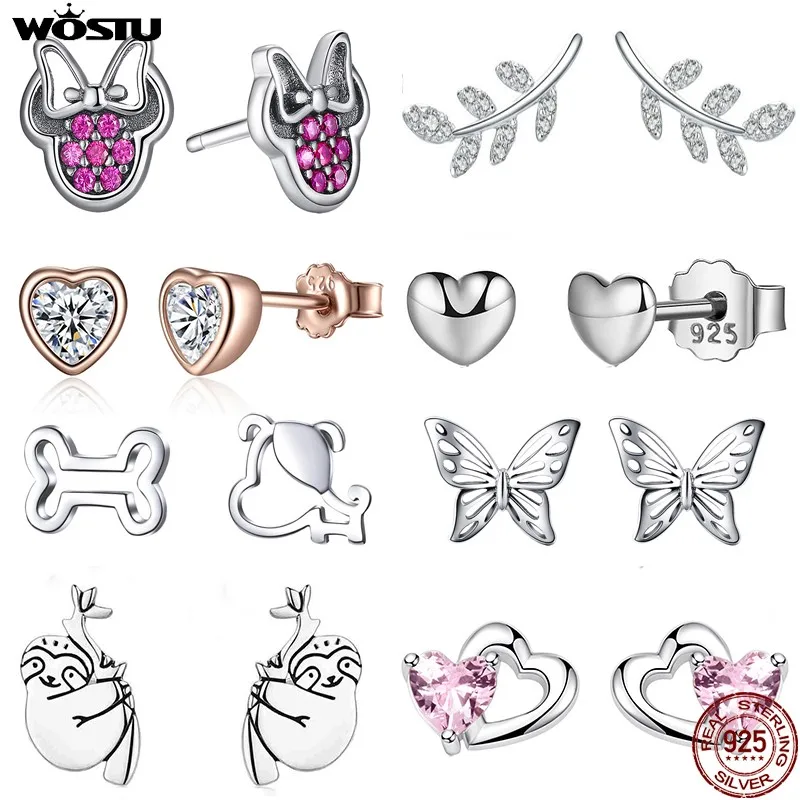 

WOSTU, 100% Стерлинговое Серебро 925 пробы, серьги-гвоздики, цветок, сердце, звезды, кот, жемчуг, маленькие серьги для женщин, свадебные ювелирные изделия для помолвки