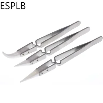 Anti-Static Reverse Ceramic Tweezers Stainless Steel Electronic Heat Resistant Conductive Curved Straight Tweezers