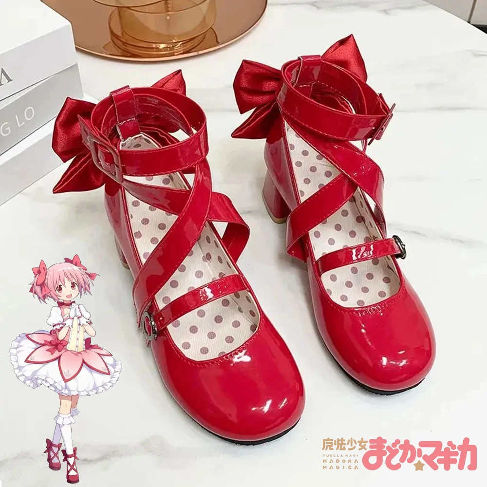 Anime Puella Magi Madoka Magica Kaname Madoka Cosplay Shoes Girls Lolita Red Bow High Heels Leather Boots Halloween Costume Prop